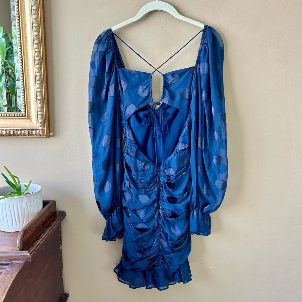 For Love And Lemons Lula Mini Dress Ruched Ruffle Navy Blue Dot Long Sleeve XS - Picture 6 of 16